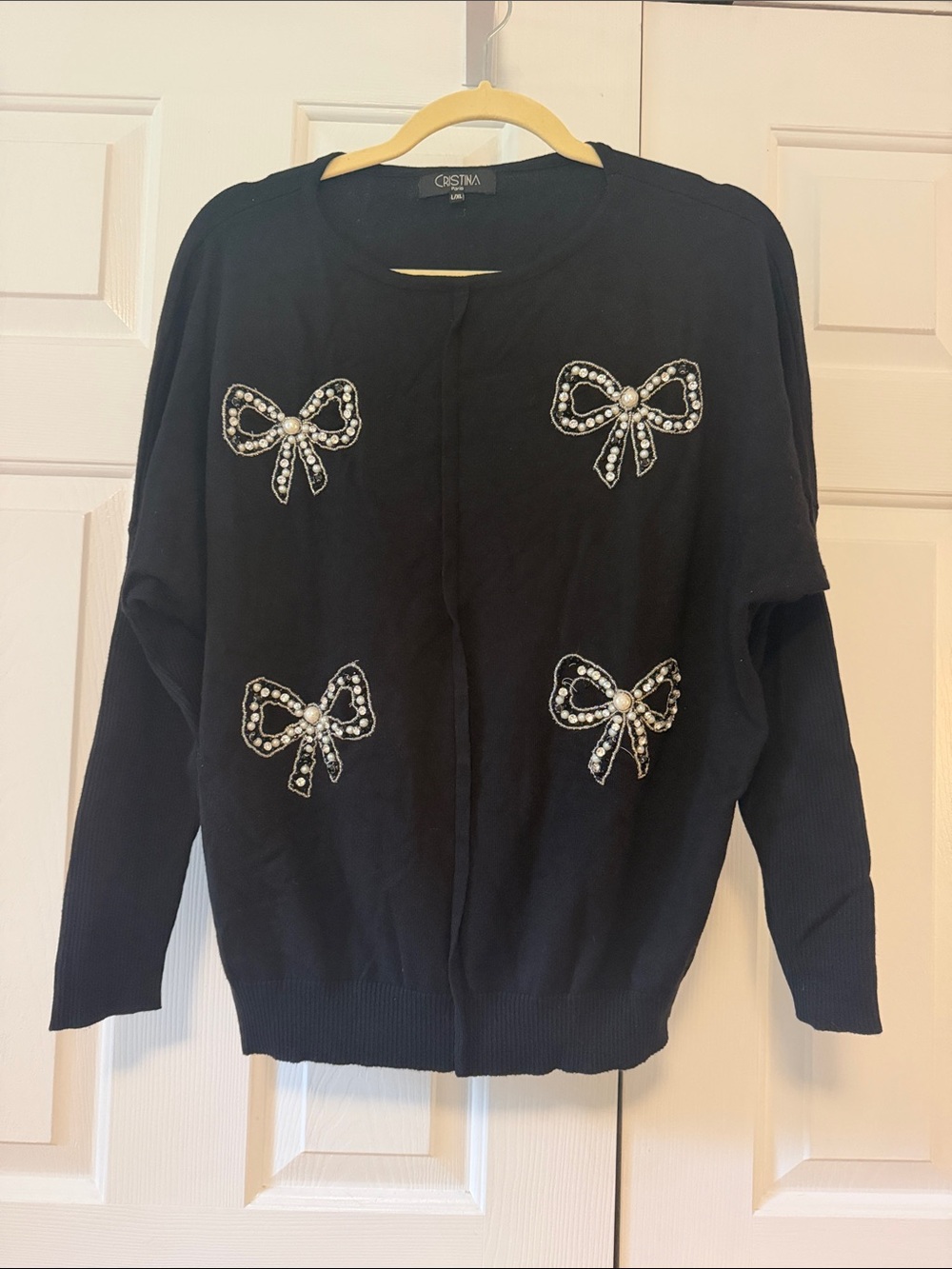 Cristina Black Embellished Bow-Applique Cardigan Sweater